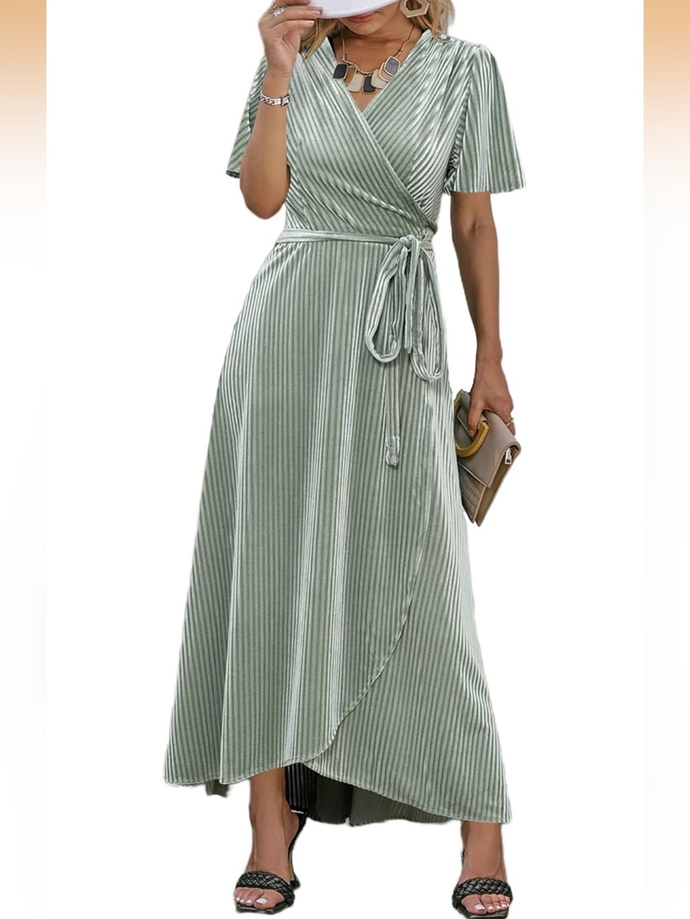 Simplee Apparel Sage Green Pleated Wrap Maxi Dress with Tie Waist